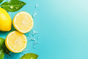 Fresh Lemons with Water Droplets on Blue Surface