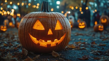 Obraz premium Smiling Halloween Pumpkin with Glowing Lights