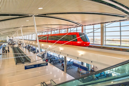 Interior view of the Delta ExpressTram automated people mover inside Concourse A of the Detroit Metropolitan Wayne County Airport in Romulus, Michigan, October 24 2024.