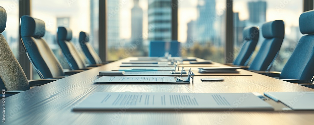 Canvas Prints Empty conference room table with documents, pens and a blurry city view outside a window.