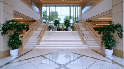 Fototapeta premium Luxury Hotel Lobby with Marble Staircase and Lush Foliage