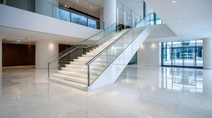 Obraz premium Bright and Spacious Modern Corporate Office Lobby with Sleek Glass Stairs and Hallway