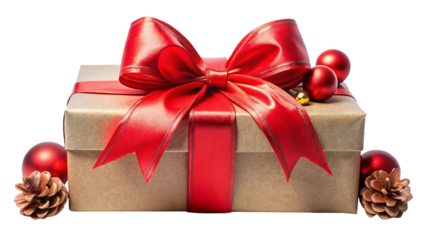 beautifully wrapped gift box with big red bow and festive decorations