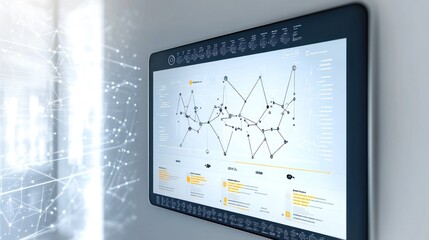 A large screen with a network graph visualization.