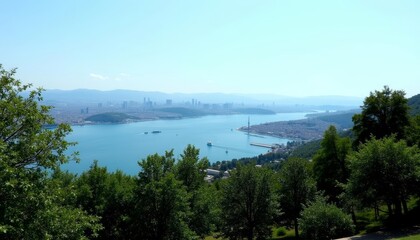  Panoramic view of a city and harbor from a hilltop