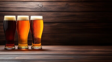 Three glasses of craft beer on a wooden table, rich colors and textures.