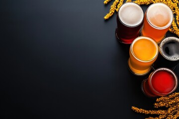 Variety of colorful beers in glasses on a dark surface with wheat grains.