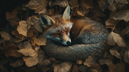 Fototapeta premium Cozy Fox Nestled in Autumn Leaves