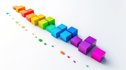 Rainbow-Colored Cubes Arranged in a Diagonal Pattern on a White Surface