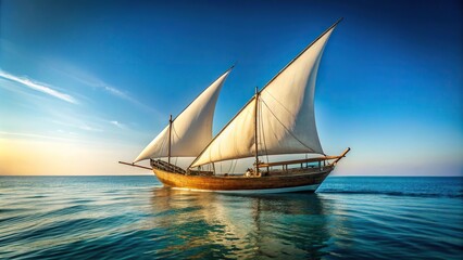 Fototapeta premium Symmetrical sailing dhow on choppy ocean, with full sails heading for harbour