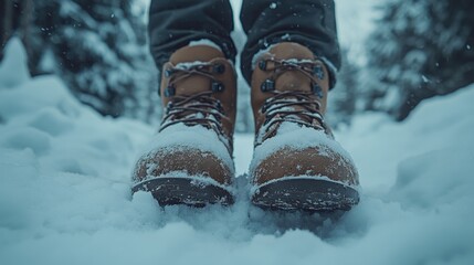 Close-Up of Hiking Boots in Snowy Winter Landscape Capturing Adventure and Outdoor Exploration