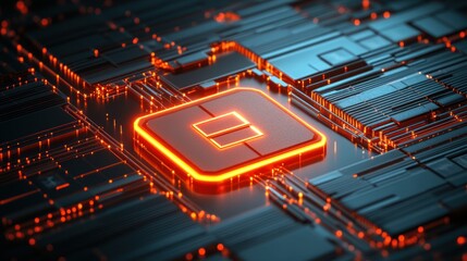 Glowing processor chip on a circuit board.