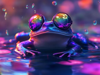 Energetic punk frog, neon body, small reflective shades, colorful pond