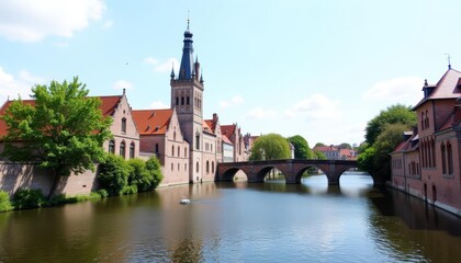 Tranquil riverside town under a clear sky