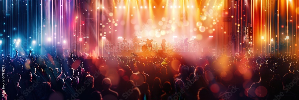 Poster musicians perform energetically on stage, while a captivated audience enjoys the electrifying atmosp
