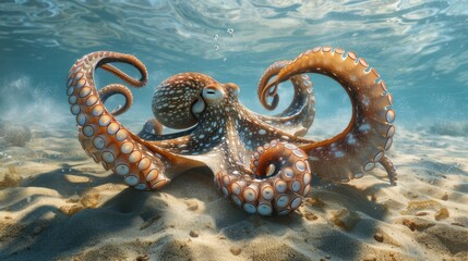Fototapeta premium A Spotted Octopus Resting on a Sandy Seabed