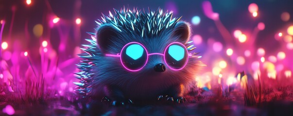 Punk hedgehog, electric spikes, tiny neon glasses, glowing field
