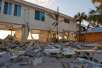 Hurricane Milton consequences in Manasota Key, Florida. Destroyed house on sea coast. Storm surge severe damage