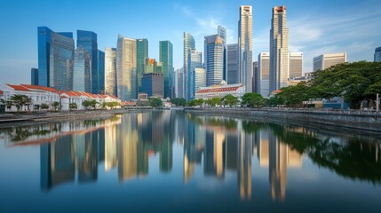 Fototapeta premium A serene cityscape reflecting modern skyscrapers along a tranquil river in a vibrant urban setting.