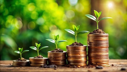 Stacked Coins Growing Lush Plantlife on Blurred Green Background
