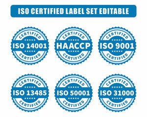 Iso label set vector icon, iso 14001, iso 9001, iso 13485, iso 50001, iso 31000