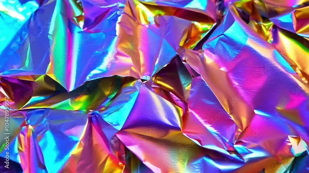 Poster The shiny, crinkled foil displays a tapestry of vibrant colors, reflecting light in an array of playful patterns. This texture serves as a striking backdrop for artistic designs.