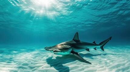 Obraz premium A Single Shark Swimming in Shallow, Sunlit Ocean Waters