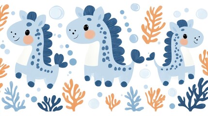 Cute cartoon seahorse with seaweed and bubbles.