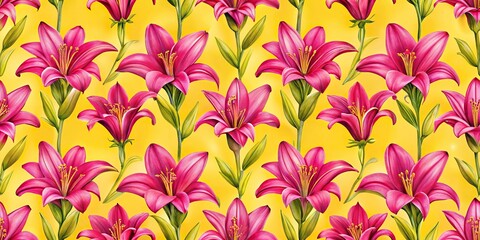 Obraz premium Symmetrical Seamless botanical pattern with magenta lily flowers on vivid yellow background
