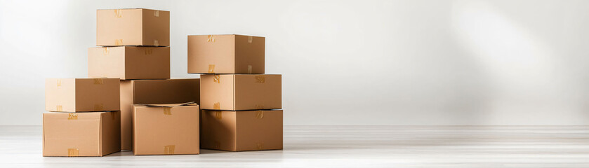 Moving boxes stacked in bare room, ready for relocation