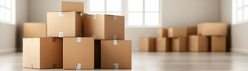 Moving boxes stacked in bare room, ready for relocation and packing