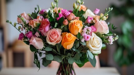 Obraz premium Radiant Rose Bouquet: A captivating arrangement of peach, pink, and ivory roses, accented with delicate fillers, creates a breathtaking floral masterpiece. Perfect for celebrating love, anniversaries.