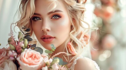 Fototapeta premium Portrait of a beautiful bride with a bouquet of flowers, curly blonde hair and fashionable makeup.