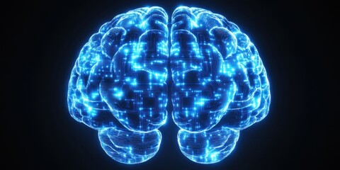 A stylized blue glowing human brain isolated on a black background.