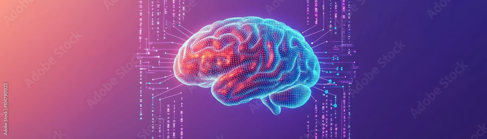 Poster 3D rendering of a glowing human brain with a digital neural network in the background.