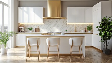 Fototapeta premium Sunny, stylish dining area featuring a sleek white kitchen set, golden hood, wooden lath accents on the floor, and modern stools—3D photorealistic rendering