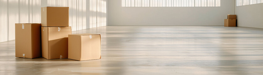 Empty moving boxes bathed in sunlight create serene atmosphere
