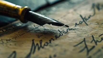 Naklejka premium A Vintage Fountain Pen Hovering Over Handwritten Text on a Worn Piece of Paper