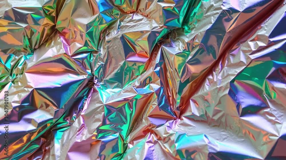 Poster The surface displays a striking array of iridescent colors, reflecting light in various hues. The crinkled texture adds depth and visual interest to the vibrant composition.