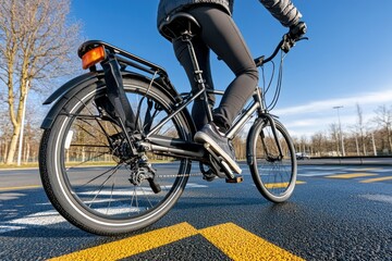 Naklejka premium A person rides a bicycle on a paved road, close-up on the bike's rear wheel with yellow lane markings.