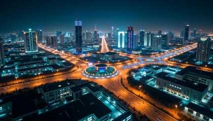 Obraz premium Bright city lights illuminate the night skyline