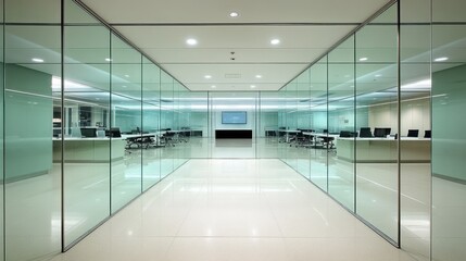 Obraz premium A long, empty corridor in a modern office building with glass walls and white tile floors.