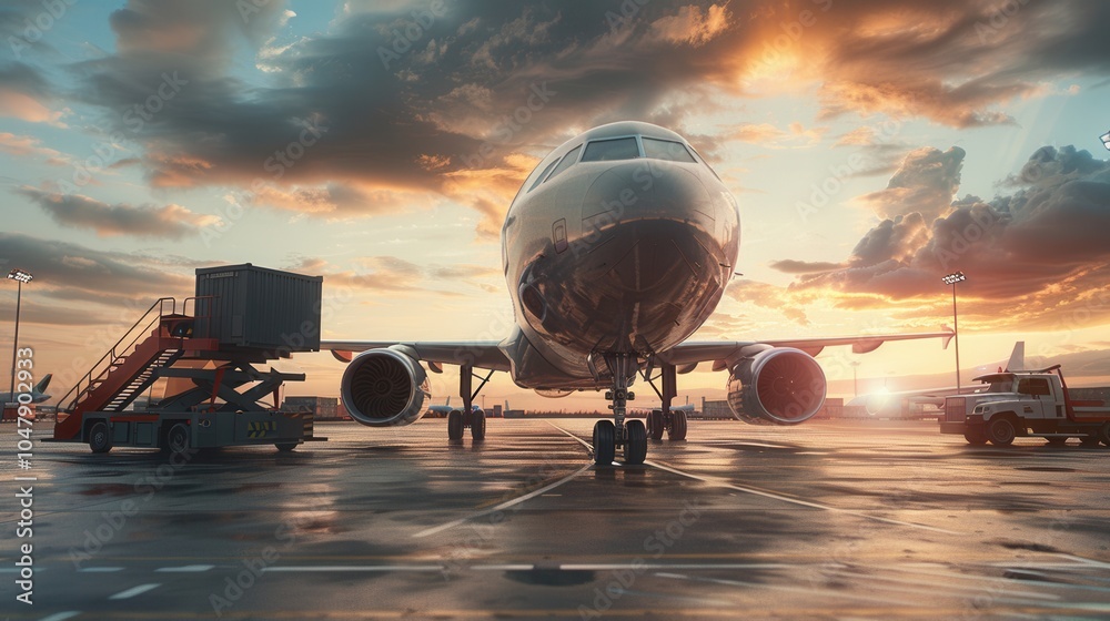 Aufkleber a cargo airplane is positioned on the runway at sunset, surrounded by loading equipment actively eng