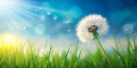 Delicate Dandelion Seeds Floating on a Gentle Breeze, Bathed in Warm Sunlight and Surrounded by Lush Green Grass