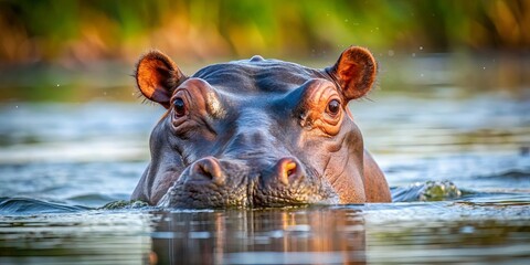 A close-up view of a hippopotamus submerged in water, its large, dark eyes peering through the surface, capturing a moment of serene immersion in the natural environment.