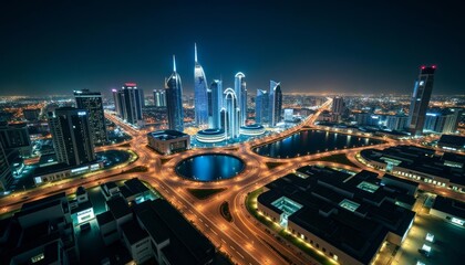  Vibrant cityscape at night illuminated by bright lights and bustling with activity