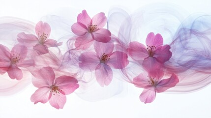 Obraz premium Soft spring abstract background with blooming cherry blossoms and swirling pastel light trails, isolated on white