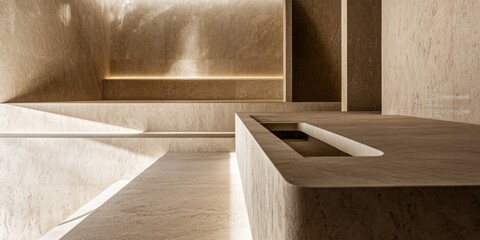Minimalist interior design with a long rectangular cutout in the center of a large concrete bench.