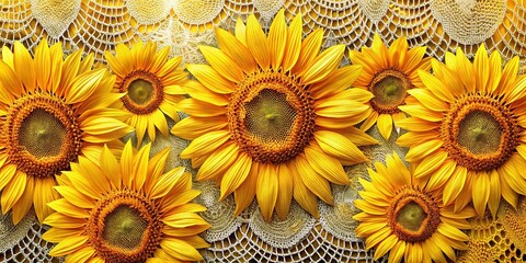 A tapestry of sunflowers, their petals reaching out, each a radiant burst of yellow against the delicate, intricate weave of a crocheted background.