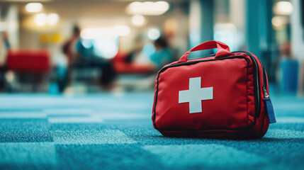 A red first aid kit placed on a carpeted floor in a public space.